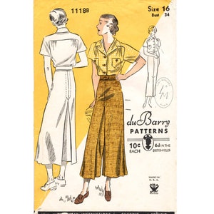 vintage sewing pattern 1930s 30s wide leg trousers or culotte skirt & notched collar blouse / bust 34 b34 / reproduction