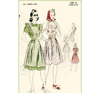 May include: Vintage sewing pattern illustration featuring two women wearing different styles of aprons. One apron is green with white stripes and the other is white with red and blue polka dots. The pattern number is 8680-40c and the size is 16, 34 bust, 37 hip.