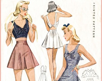 40s 1940s PICK YOUR SIZE bust 32 34 36 38 vintage women's sewing pattern crop top playsuit shorts beach romper English & French reproduction