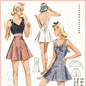 40s 1940s PICK YOUR SIZE bust 32 34 36 38 vintage women's sewing pattern crop top playsuit shorts beach romper English & French reproduction image 1