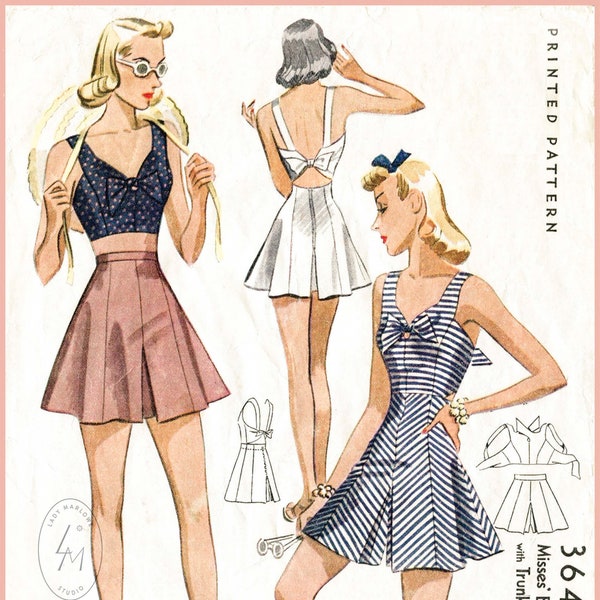 40s 1940s PICK YOUR SIZE bust 32 34 36 38 vintage women's sewing pattern crop top playsuit shorts beach romper English & French reproduction