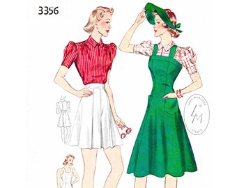 1940 1940s 40s sewing pattern  pinafore dress & playsuit reproduction // flounce skirt // high waist shorts // Bust 32 34 36 38