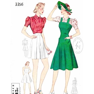 1940 1940s 40s sewing pattern  pinafore dress & playsuit reproduction // flounce skirt // high waist shorts // Bust 32 34 36 38
