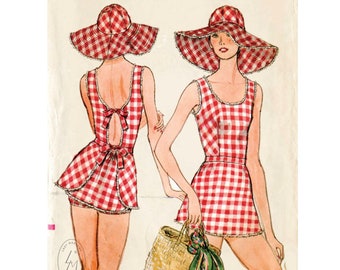 patron de couture vintage des années 70 des années 1970 plage nager maillot de bain chapeau de soleil et slip buste 36 b36 taille 28 w28