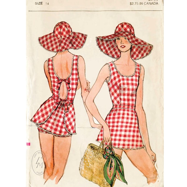vintage sewing pattern 70s 1970s  beach swim bathing suit sun hat  and briefs bust 36 b36 waist 28 w28