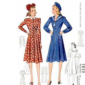 May include: Vintage sewing pattern for a dress with two styles. One style is a red floral print dress with a white collar and buttons. The other style is a blue dress with a sailor collar and a zip down the front. The pattern number is 3830 and the text says "Misses' Dress 25" with or without side zip closing."