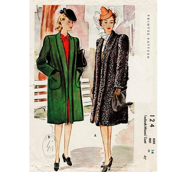 vintage sewing pattern 1940s 40s  box coat oversized jacket bust 32 b32 reproduction