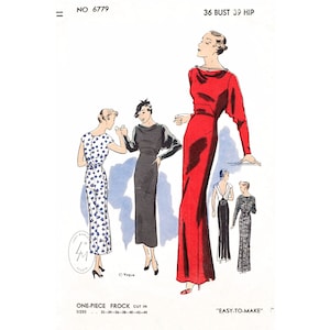 1930s 30s dress day or evening length dinner gown 2 styles / batwing sleeves / vintage sewing pattern Bust 36 / 1930