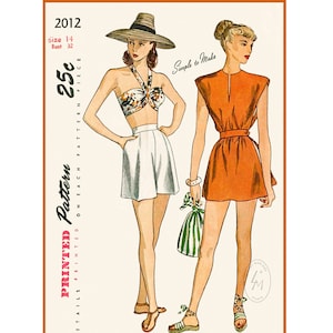 1940s 40s vintage swimsuit sewing pattern bikini bra shorts poncho beach bathing suit waist 26 w26 bust 32 b32 reproduction