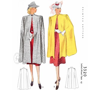 1930s 1940s Vintage Women&#39;s Sewing Pattern Cape Day or Evening //  // 2 lengths // PICK YOUR SIZE Small Medium Large