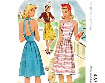 1940s vintage sewing pattern summer dress halter neck + fitted jacket / English & French reproduction / Bust 32 34 36 38 40