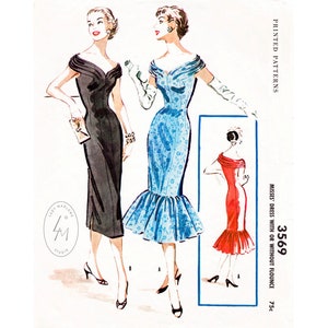 vintage sewing pattern 1950s 50s wiggle dress reproduction // bardot neckline // flounce hem // PICK YOUR SIZE Bust 32 34 36 38