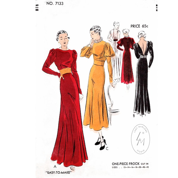 vintage sewing pattern 1930s 30s evening gown sewing pattern reproduction / Renaissance inspired / deep V back / Bust 32 34 36 38 40/ 1930