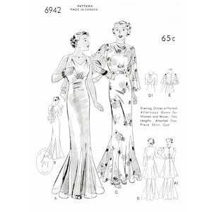 1930s vintage wedding bridal dress sewing pattern reproduction / 5 styles / evening gown / tunic coat / bust 36