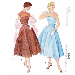 vintage sewing pattern 1950s 50s cocktail party dress  repro // scallop edge // strapless bustier // bow belt // Bust 32 34 35 36 38 40