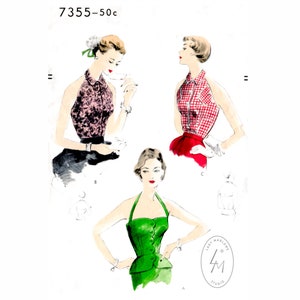 modello di cucito vintage anni &#39;50 camicetta con top halter anni &#39;50 / 3 stili / dettaglio bordo smerlato / SCEGLI LA TUA TAGLIA Busto 32 34 36 38 40