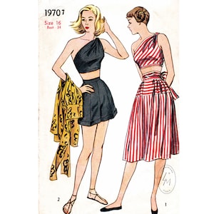 vintage sewing pattern 1940s 1950s one shoulder crop top high waist shorts beach skirt tie waist Bust 34 b34 reproduction