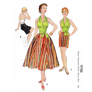 1950s 50s vintage sewing pattern 3 piece set / halter top, high waist shorts, sun skirt / English & French reproduction/ Bust 32 34 36 38 40