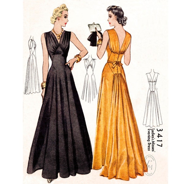 1930s 30s evening dress gown vintage sewing pattern PICK YOUR SIZE Bust 30 32 34 36 38 40 / 1930