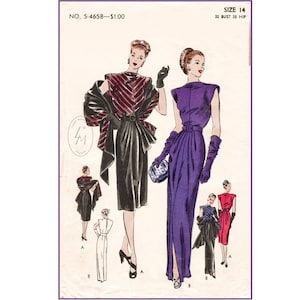 Patrón de costura vintage de los años 40 y 40, reproducción de vestido de noche de cine negro, falda drapeada con pliegues suaves y estola tipo chal, busto 32 B32