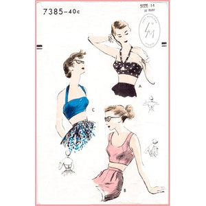 May include: Vintage sewing pattern for a halter top swimsuit with three different styles. The pattern is for size 14, 32 bust. The pattern number is 7385-40c. The pattern is from Lady Marlowe Studio.