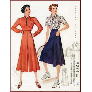 vintage sewing pattern 1930s 30s   blouse & wide leg sports trousers culotte bust 36 b36 reproduction