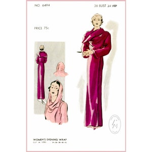 vintage sewing pattern 1930s 30s vintage women&#39;s sewing pattern art deco gown evening wrap film noir style b36 bust 36 / 1930