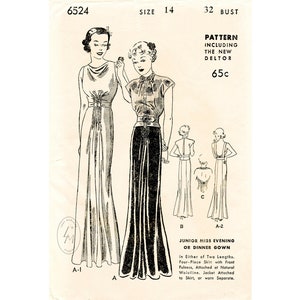 vintage sewing pattern 1930s 30s evening gown in 2 styles /   / low plunge back / cap sleeve blouse / bust 32 34 36 38/ 1930