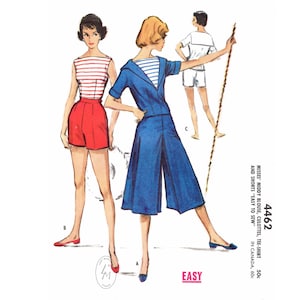 Reproductie van naaipatronen uit de jaren 50 en 50, 4-delige set / matrozenblouse, topje met boothals, culottes, shorts / Engels en Frans / buste 32 34 36 38 40