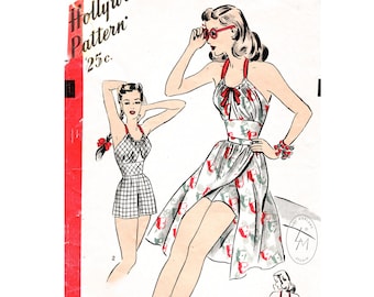 vintage sewing pattern 1940s 40s pattern // beachwear playsuit & wrap skirt // reproduction // Bust 34