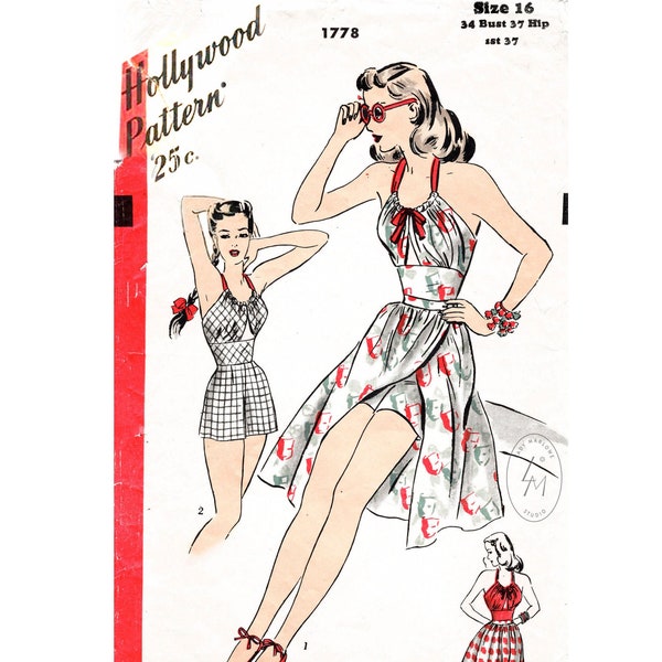 vintage sewing pattern 1940s 40s pattern // beachwear playsuit & wrap skirt // reproduction // Bust 34