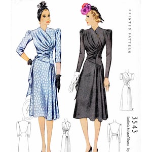 May include: Vintage sewing pattern for a dress with a wrap style bodice and a gathered skirt. The pattern is for sizes 6-16 and includes three different views. The pattern is printed on paper and has a black and white illustration of the dress.