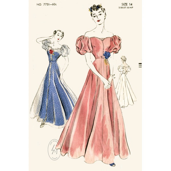 1940 vintage sewing pattern Vintage sewing pattern 1930s 1940s evening gown cocktail wedding dress off the shoulder reproduction