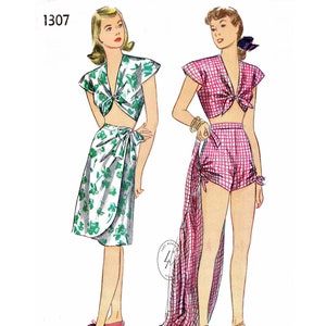 1940s 40s vintage beachwear sewing pattern crop top / high waisted shorts / wrap skirt / beach bathing suit / bust 34 b34 reproduction