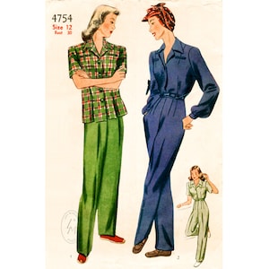 Vintage Sewing Pattern 1940s 40s rosie the riveter 2 piece workwear trousers & blouse set bust 30 b30 reproduction