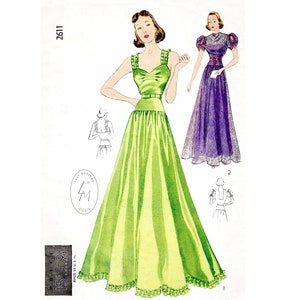 1930s 30s gown vintage sewing pattern reproduction // evening dress ball gown // puff sleeves // strappy dress // bust 32 34 36 38 40