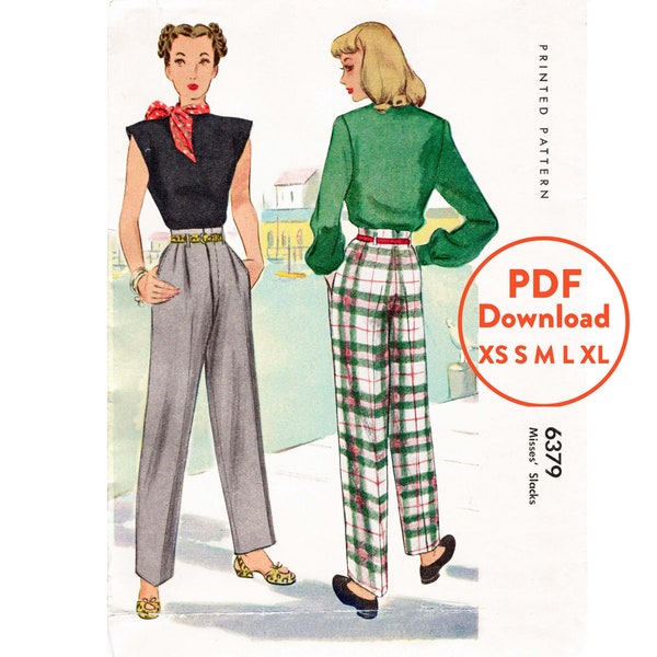 PDF sewing pattern XS - XL 1940s 40s vintage pants / digital download / tailored trousers high waist pants