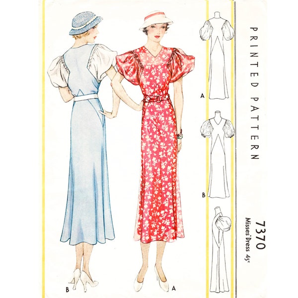 vintage sewing pattern 1930s 30s dress pattern //   // art deco seams // statement sleeves // bust 32 34 36 38 40/ 1930