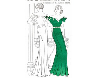 1930s 30s evening gown pattern / off shoulder dress / vintage sewing pattern  / bust 31 32 34 36 38/ 1930