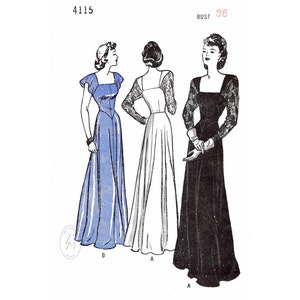 1940s vintage sewing pattern reproduction / flutter sleeves / film noir dress / square neckline / evening gown / bust 36