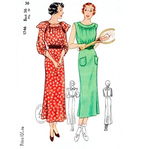 Pode incluir: Padrão de costura vintage para um vestido com estampa floral e um vestido verde sólido. O padrão é para um busto de 91 cm e um quadril de 99 cm. O número do padrão é 1746 e o preço é de 15¢.