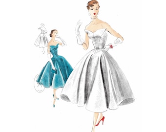 vintage sewing pattern 1950s 50s cocktail evening dress   // strapless bodice // full swing skirt // reproduction // Bust 32 34 36 38 40