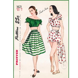 1940s 40s vintage swimsuit sewing pattern off shoulder crop top bikini shorts skirt beach bathing suit bust 34 b34 reproduction