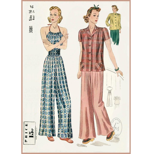 vintage sewing pattern 1930s 30s 1940s vintage pajama sewing pattern  pajama loungewear halter wide leg Bust 34 b34