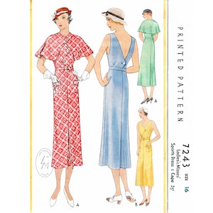vintage sewing pattern 1930s sports dress zig zag closure / flounce cape / bust 34 reproduction/ 1930