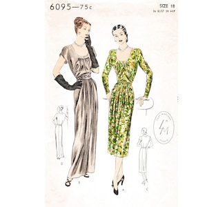 1940 vintage sewing pattern 1940s 40s dress reproduction / day or evening length / gathered ruched bodice / bust 36