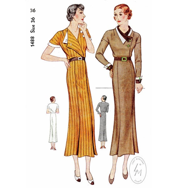 vintage sewing pattern 1930s 30s dress   // art deco style // long or short sleeves // bust 36/ 1930