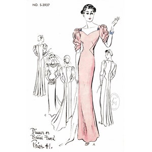 1930s 30s dress vintage wedding dress sewing pattern reproduction / evening gown / long train / shirred sleeves / bust 32 34 36 38 40