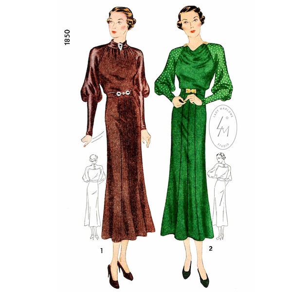 1930s 30s dress vintage sewing pattern  // draped collar // bishop sleeves // high neckline // bust 32 34 36 38 40/ 1930