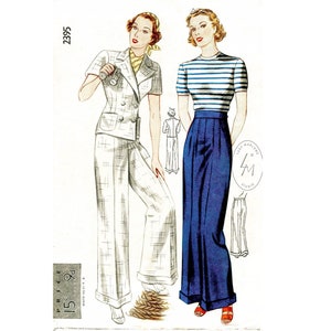 1930s 30s vintage sailor sewing pattern // cuffed pants wide leg trousers // double breasted jacket // bust 32 34 36 38 40 image 1